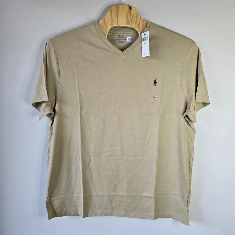 Polo Ralph Lauren Mens V-Neck T-Shirt Beige 2XB Big & Tall Cotton Short Sleeve